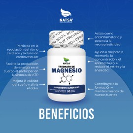 Treonato Magnesio Natsa Cápsulas Maxima Absorción Mejora Sueño Memoria Concentración Huesos Fuertes Regula Corazón Alta Biodisponibilidad