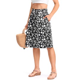 Viodia 25" Knee Length Long Skorts for Women with Pockets Dressy Casual Midi Skort Summer Travel Modest Skirts, Black Flower, Medium