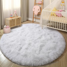 EVOIONOS White Round Rug for Girls Bedroom, Fluffy Circle Rug for Kids Room, 4x4 Feet Fuzzy Circular Rug, Soft Plush Area Rug for Bedroom, Non Slip Shaggy Living Room Rug, Nursery Dorm Cute Small Rug