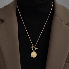 TseenYi Gold Coin Necklace Boho Coin Pendant Toggle Necklace Long Sweater Chain Disc Necklace Chain Jewellery for Women and Girls Gifts