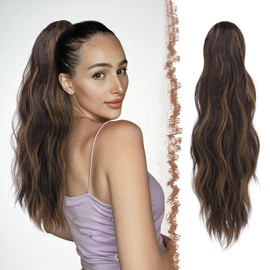 FESHFEN Ponytail Extensions, Long Claw Clip in Ponytail Hairpiece Synthetic Pony Tails Hair Piece Natural Wavy Hairpieces for Women, 20 inch Black Brown Mixed Light Brown