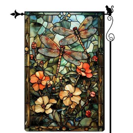 PureGorm Stained Glass Dragonflies Garden Flag 12.5x18 Inches – Pastel Floral Delight with Lush Greenery for Outdoor Yard Decor