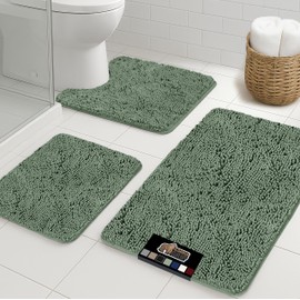 GORILLA GRIP Plush Absorbent Shaggy Chenille Bath Rug Set for Oval Toilet Base with Rubber Backing, Machine Washable Rugs, Rug Set Includes 24x19.5 Oval, 24x17, and 30x20 Inch Rugs, Sage