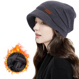 Winter Hats for Women,Thermal Ladies Winter Hats Wooly Hats Women with Brim,Slouchy Warm Beanie Hats for Women Womens Hats and Caps (Dark Grey)