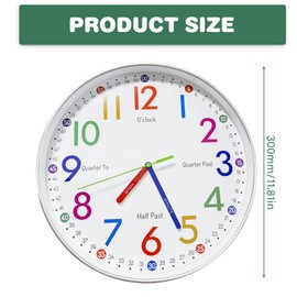 GBKDQQ Children's Wall Clock Without Ticking Noises, 30 cm Learning Clock, Children's Wall Clock, Silent, Colourful Numbers, Children's Wall Clock for Girls and Boys
