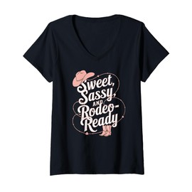 Womens Sweet Sassy Rodeo Ready with Cowboy Hat Cowgirl Boots V-Neck T-Shirt