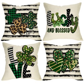 Ussap St. Patrick's Day Shamrock Clover Love Throw Pillow Covers Set of 4, Lucky Blessed Green Lovers Irish Home Decoration, Spring Heart Leopard Stripe Farmhouse Cushion Case Decor 18 x 18