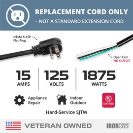 Iron Forge Cable Flat Plug 14 Gauge Power Cord Replacement - 6ft,15 Amp Black Heavy Duty, 14/3 SJT 3 Prong Cable for Appliances & Power Tools