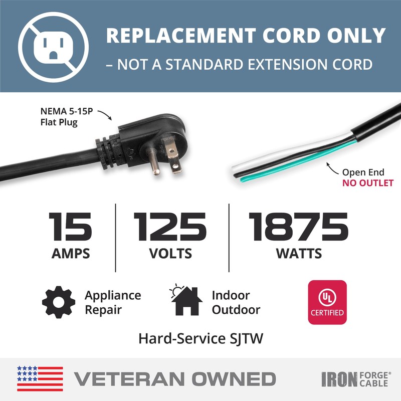 Iron Forge Cable Flat Plug 14 Gauge Power Cord Replacement