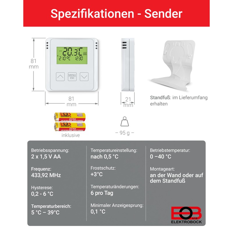 ELEKTROBOCK BT733 Wireless Room Thermostat with Intermediate Socket, 35 m
