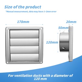 Ventilation Grille Stainless Steel 120 mm Backflow Flap with Moving Slats for Exterior Wall Mounting Exhaust Air Cooker Hood Chimneys Weather Protection Grille Exhaust Grille