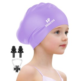 Kids Swim Cap for Girls Boys, 2 Size Silicone Swimming Cap for Long Hair Short Hair, Waterproof Swim Hats Bathing Caps for Age 3-15 Toddlers Children Teens to Keep Hair Dry-Purple