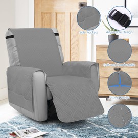 Niuoppy Recliner Chair Covers Armchair, Non-slip Sofa Covers for Recliner Single Slipcovers, Washable Recliner Chair Protectors with 6 Pockets (Light Grey)