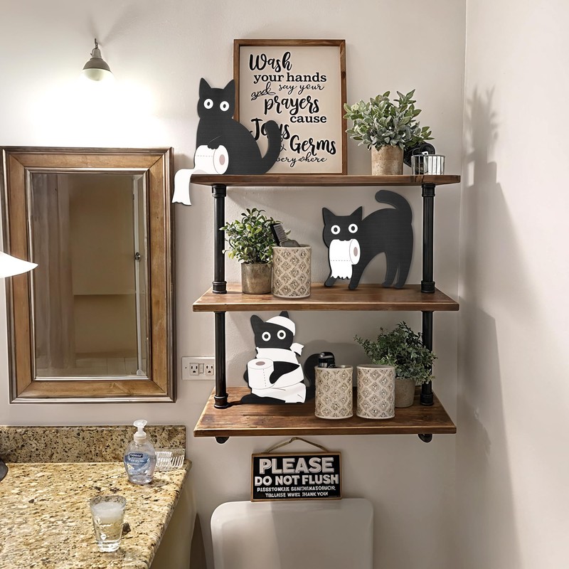 Funny Black Cat Bathroom Decor Set, 3 Pcs Wooden Cats