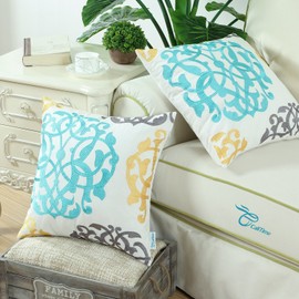 CaliTime Pack of 2 Cotton Throw Pillow Cases Covers for Bed Couch Sofa Vintage Compass Geometric Floral Embroidered 16 X 16 Inches Turquoise Gold Gray