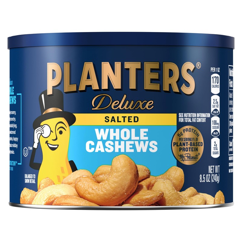 PLANTERS Deluxe Salted Whole Cashews, Party Snacks, Plant-based Protein, 8.5