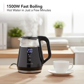 OVENTE 1L Small Electric Kettle with 5 Temperature Preset, Digital Display, 5Hr Keep Warm, Auto Shut-Off, Double-Wall Cool Touch Exterior, Borosilicate Glass,1500W BPA Free Water Boiler, Black KD95B