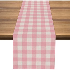 Nepnuser Linen Pink and White Buffalo Check Plaid Table Runner Gingham for Pink Farm Birthday Party Easter Home Decorations (13" x 36")