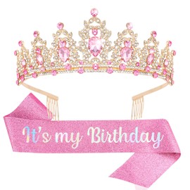 YISSION Gold Pink Rhinestone Birthday Tiara and Sash Set, "It's my Birthday" Glitter Sash with Crystal Crown for Women, Birthday Party Decorations, Photo Props & Milestone Celebration Gifts