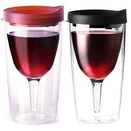 Vino2Go Double Wall Acrylic Tumbler with Merlot with Black Lids, 10 oz, Pack of 2
