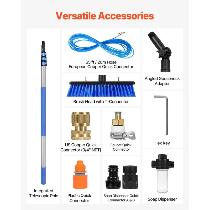 12FT Extendable Handle Solar Panel Cleaning Pole Kit 65.6FT Water