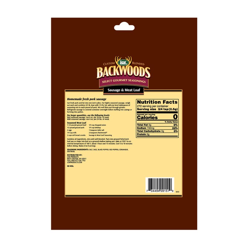 LEM Products Backwoods Sausage and Meatloaf Seasoning, Ideal for Wild