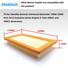0J8478 0J8478S Air Filter Fit for Standby Generac Universal Generator 14KW-22KW Post 2013 OR Later Evolution Series Engine V-Twin 990CC and 999CC Generators