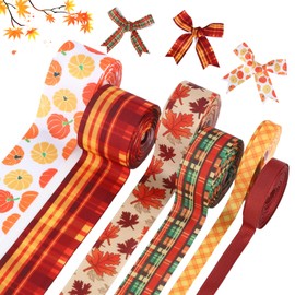 6 Rolls Thanksgiving Grosgrain Ribbon 5 Yards Leaves Pumpkin Fabric Ribbon for Sewing Multicolors Arts Crafts Woven Ribbon Set Printed Coarse Grain Satin Ribbon for Gift Wrap Sewing Application