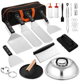 25Pcs Griddle Accessories Kit, Leonyo Flat Top Grill Accessories, Commercial Grilling Tools with Enlarged Spatulas, Basting Cover, Metal Scraper, Smash Burger Press for Outdoor Barbecue, ABS Handle
