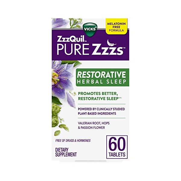 ZzzQuil Pure Zzzs Restorative Herbal Sleep, Tablets, Free of Drugs and Hormones, Melatonin-Free Formula, Valerian Root, Hops, Passion Flower, Sleep Aids for Adults, 60 Count