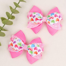 2PCS 4" Glitter Ribbon Hair Bow Clips Sparkly Sequins Alligator Barrettes Hairpin Girls Hair Bows Clips Hair Accessories Toddler Teen Girls Kids Back School (Pink with Heart Print)