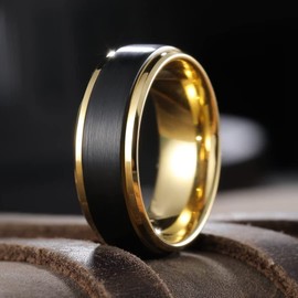 King Will Mens 8mm Black Tungsten Carbide Ring Matte Brushed Gold Plated Beveled Edge Wedding Band 11
