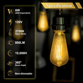 DiCUNO ST64 Edison LED Bulb 60W, Warm White 2700K, 6W LED Edison Bulb, Vintage Filament Light Bulbs for Decoration, 800LM, Non-Dimmable, Clear Glass, 80+ CRI, Pack of 6