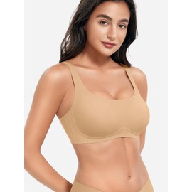 ZAAYO Women's Bra Without Underwire Full Cup Padded Bustier Seamless Push Up Square Neck Bra Strong Hold Padded Bralette T-Shirts Bra with Additional Bra Extension, khaki, M
