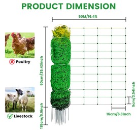 Electric Fence Netting, 35.43" H ×164 L' Portable Livestock Fencing for Sheep, Cattle, Net Fencing Kit with 14 Posts Double Spiked, Movable Poultry Netting for Backyards, Homesteaders, Farms Ranches