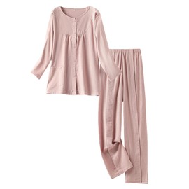 SOEDZUNG Women’s Bedridden Pajama Set Tear Away Snap Hospital Gown for Post Surgery Recovery Easy Dressing Long Sleeve Patient Clothing(Pink,XL)