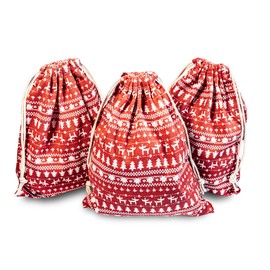 Christmas Linen Gift Wrap Bags,Christmas Theme Drawstring Burlap Bag 3PCS,Cotton Hemp Gift Pouches for Wedding Party Favors and Jewelry Pouch (Red, L)