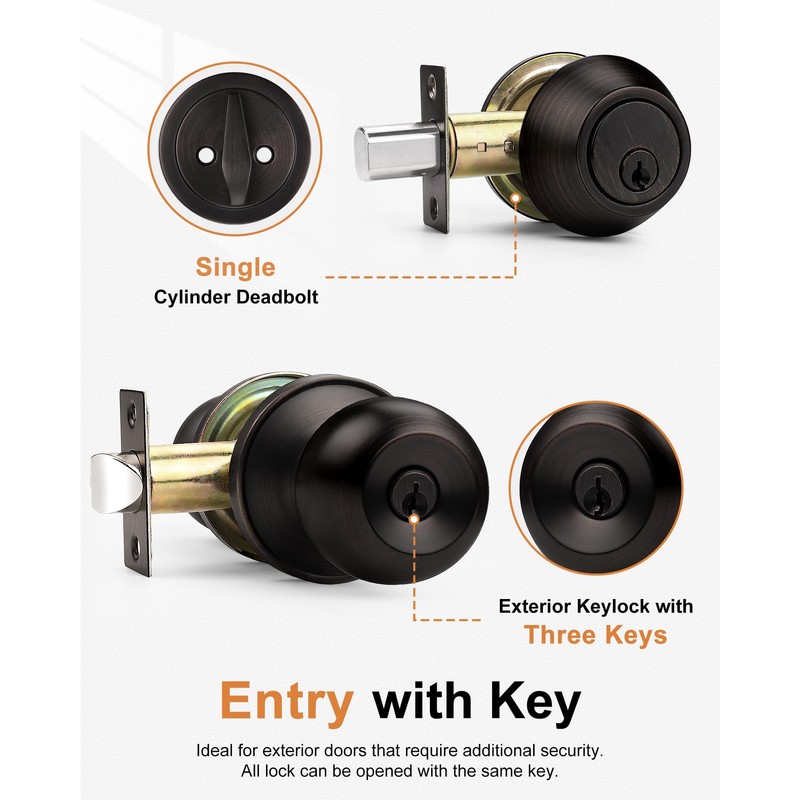 Probrico 3 Sets-Entry Door Knob Lockset and Single Cylinder Deadbolt