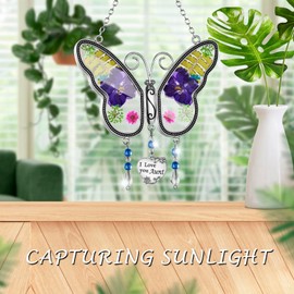 Campanilla de viento con diseño de mariposas de estilo oeste con coloridos regalos de flores reales prensadas para mamá, vidrieras con gancho y etiqueta para colgar en el corazón, cumpleaños para la