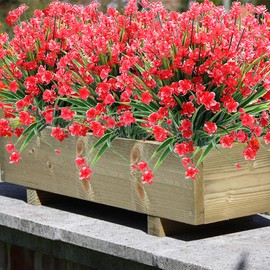 TEMCHY 20 Bundles Outdoor Artificial Fake Flowers No Fade UV Resistant Faux Plastic Plants for Hanging Planter Patio Yard Wedding Indoor Home Kitchen Farmhouse Décor (Red)