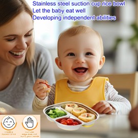 FeBohao Stainless Steel Baby Plate Divided Suction Plate with 3 Compartment Portion Control Plate Set