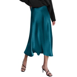 Zeagoo Silk Skirts for Women Satin Midi High Waisted Skirt Elegant Satin Skirts Fall Midi Skirts Dark Blue Small