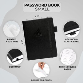 Clever Fox Password Book with alphabetical tabs. Internet Address Organizer Logbook. Small Pocket Password Keeper for Website Logins (Black)