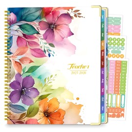 Teacher Planner 2025-2026, Aug 2025-Jul 2026 Academic Year, 8.5" x 11" Lesson Planner Book for Teacher Calendar, Spiral Bound Planners, Planning Stickers, Colorful Monthly Tabs, Flower