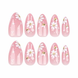Rchovsam Pink Nails Press Ons Medium Almond Press on Nails White Flowers Design Fake Nails Full Cover Gel False Nail Kit for Womens 24pcs