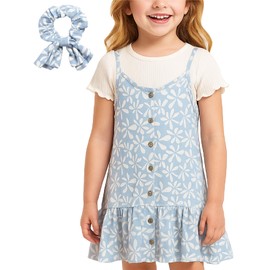 Jessica Simpson Baby Girl Dress - 3 Piece Summer Dress with T-Shirt Underneath and Matching Scrunchie for Toddler Girls, Size 12 Months, Blue