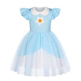 Marendyee Princess Peach Rosalina Daisy Costume Dress for Girls Christmas Gift Tulle Mesh Cosplay Dresses (Blue,6-7 Years)