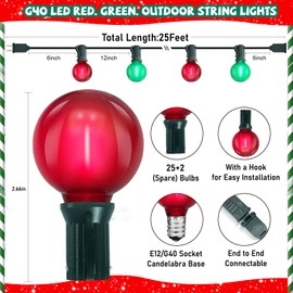 G40 LED Outdoor Christmas String Lights 25FT Hanging Globe String Lights with 27 LED Shatterproof Frosted Red Green Lights(2 Spare), Waterproof String Lights for Patio Balcony Backyard Pergola Decor