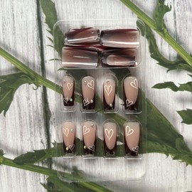 Valentine's Day Press on Nails French Tip Fake Nails Coffin False Nails with Pink Heart Rhinestone Designs Nude Glue on Nails Heart Stick on Nails Cute Acrylic Nails Full Cover Glossy Artificial Nails