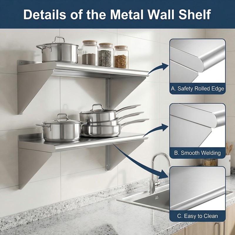 KUARBARR Stainless Steel Shelf Wall-Mounted Stainless Steel Wall Shelf 12